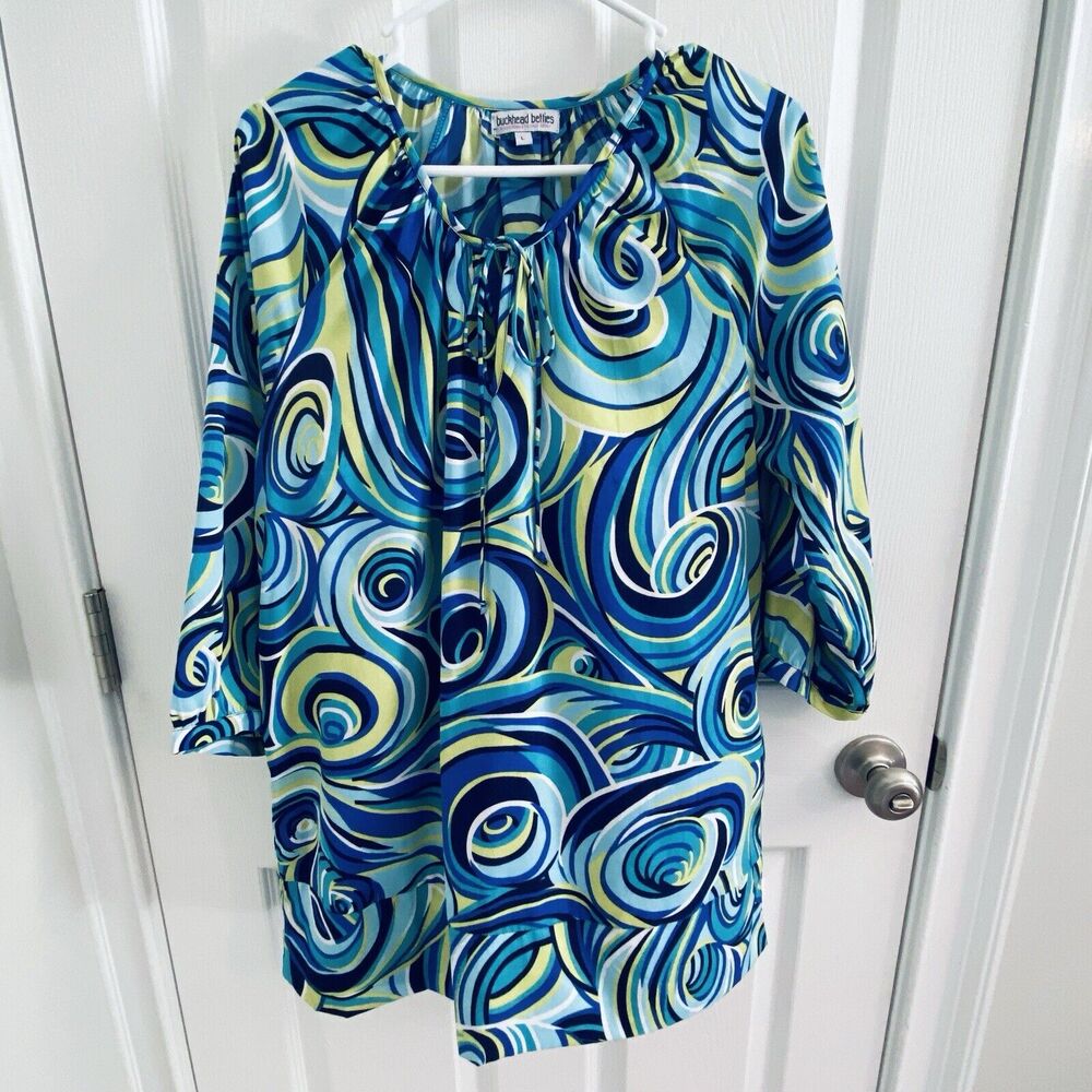 Buckhead Betties Woman Size Large Lillian Silky Blouse Oh Swell Blue